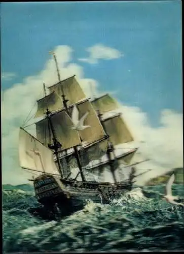 3 D Ak Segelschiff auf See, Dreimaster, Möwen