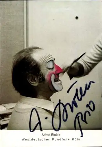 Ak Schauspieler und Moderator Dr. Alfred Biolek, Portrait als Clown, Autogramm