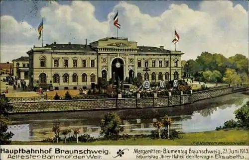 Ak Braunschweig in Niedersachsen, Hauptbahnhof, Margaritten-Blumentag 1913