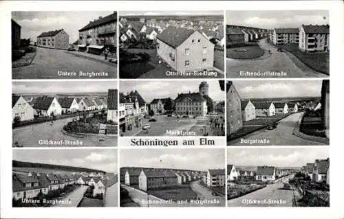 Ak Schöningen am Elm, Glückauf-Straße, Otto-Hue-Siedlung, Burgstraße, Marktplatz