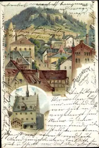 Litho Pößneck in Thüringen, Blick über die Dächer der Stadt zur Altenburg, Rathaus