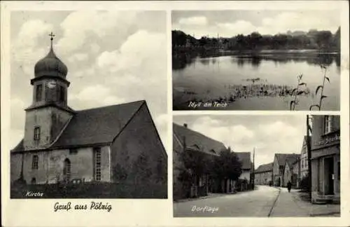 Ak Pölzig in Thüringen, Kirche, Teich, Straßenpartie, Kreis-Sparkasse