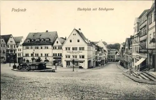 Ak Pößneck in Thüringen, Marktplatz mit Schuhgasse, Brunnen, Geschäftshäuser