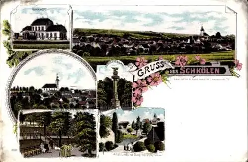 Litho Schkölen Thüringen, Bahnhof, Kirche, Konzertplatz im Stadtpark, Kriegerdenkmal, Gesamtansicht