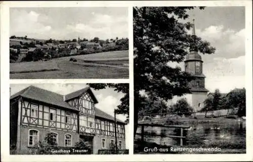 Ak Reitzengeschwenda Drognitz Thüringen, Gesamtansicht, Gasthaus Treuner, Kirche