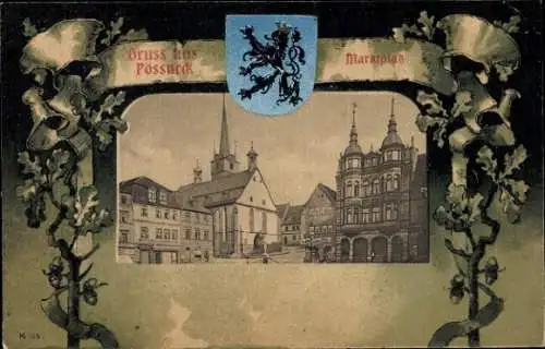 Wappen Passepartout Ak Pößneck in Thüringen, Marktplatz