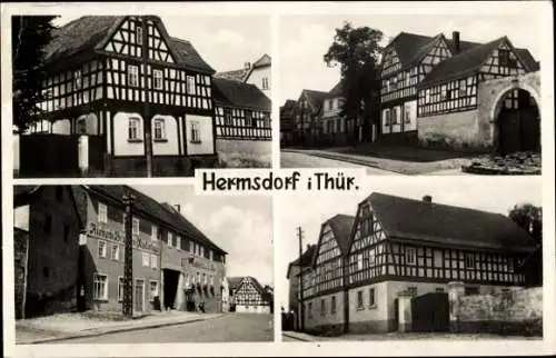 Ak Hermsdorf in Thüringen, Teilansichten, Fachwerkhäuser, Riebeck Brauerei-Niederlage