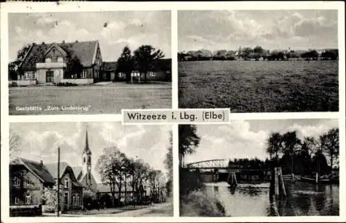 Ak Witzeeze in Lauenburg, Gaststätte zum Lindenkrug, Kirche, Brücke