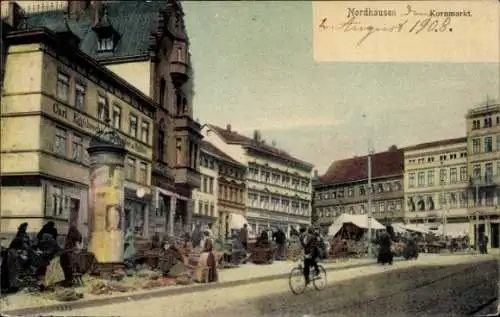 Ak Nordhausen am Harz, Kornmarkt, Geschäftshaus Carl Eggebrecht, Litfaßsäule, Marktstände