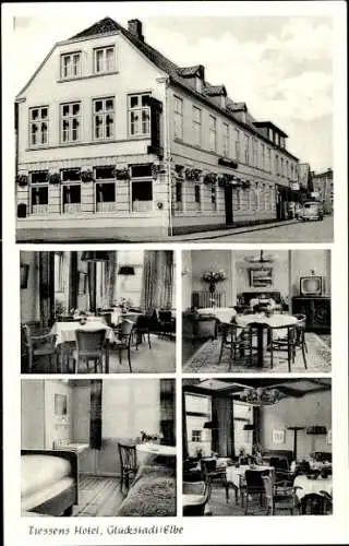 Ak Glückstadt an der Elbe, Tiessens Hotel, Außenansicht, Innenräume