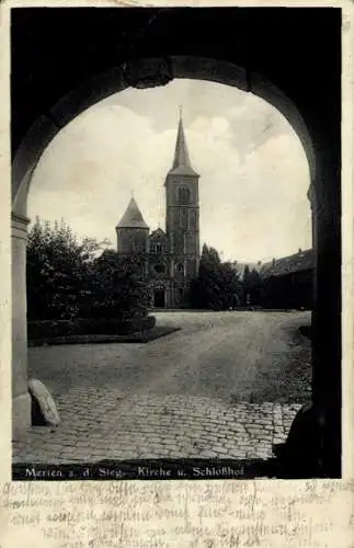 Ak Merten Eitorf in Nordrhein Westfalen, Kirche und Schlosshof, Durchblick