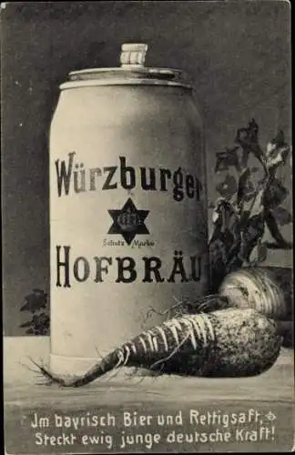 Ak Würzburg am Main Unterfranken, Maßkrug Würzburger Hofbräu, Meerrettich, Gedicht