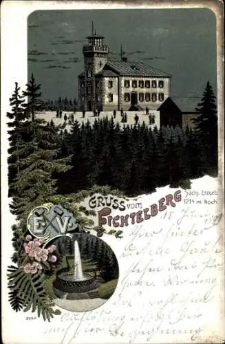 Litho Fichtelberg im Fichtelgebirge Oberfranken, Fichtelberghaus, Fontäne