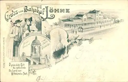 Litho Löhne Nordrhein Westfalen, Bahnhof, Dampflok, Hermannsdenkmal, Kaiser Denkmal, Mann u. Frau