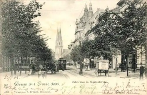 Ak Düsseldorf am Rhein, Oststraße, Marienkirche, Straßenbahn