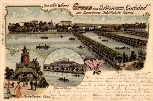 Litho Berlin Charlottenburg, Etablissement Carlshof, Spandauer Schifffahrts Kanal, Glaspalast, Fass