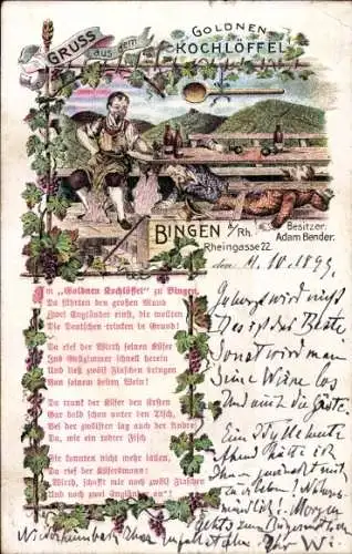 Litho Bingen am Rhein, Gasthaus Goldener Kochlöffel, Rheingasse 22, Gedicht, betrunkene Engländer