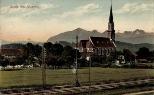 Ak Übersee am Chiemsee, Teilansicht, Kirche