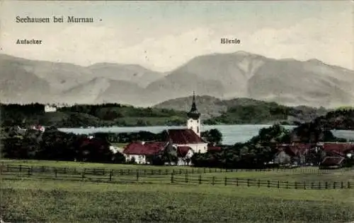 Ak Seehausen am Staffelsee, Teilansicht, Kirche, Aufacker