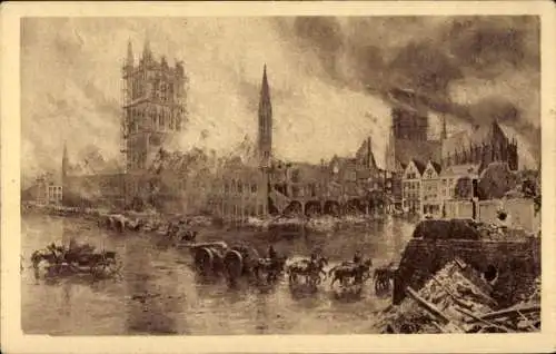 Ak Ypres Ypern Westflandern, Les Halles aux draps, Kathedrale St. Martin, englische Artillerie