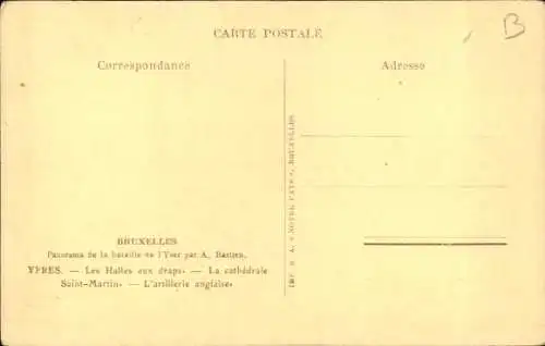 Ak Ypres Ypern Westflandern, Les Halles aux draps, Kathedrale St. Martin, englische Artillerie