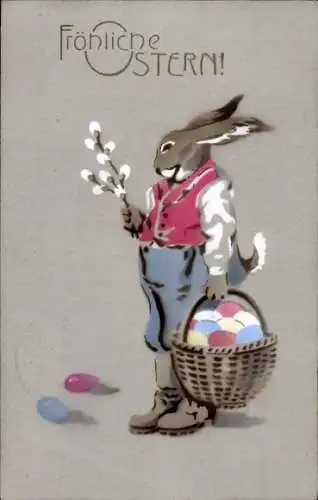 Ak Glückwunsch Ostern, Osterhase, Ostereier, Weidenkätzchen