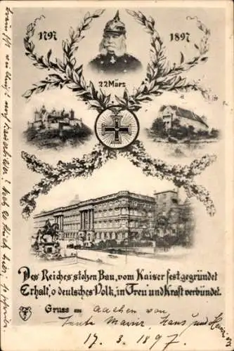 Passepartout Ak Berlin Mitte, Kaiser Wilhelm I., 100. Jubiläum 1797-1897, Schloss