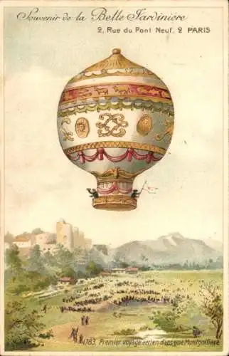 Künstler Ak Ballon Montgolfiere, erster Aufstieg 1783