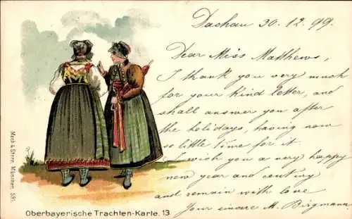 Litho Zwei Frauen in Oberbayrischer Tracht