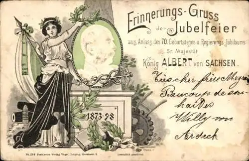 Präge Ak König Albert von Sachsen, Jubelfeier 70. Geburtstag und Regierungsjubiläum 1873-1898