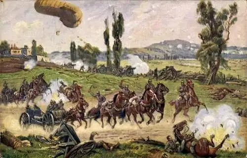 Künstler Ak Maubeuge Nord, Schlacht, Militärballon, Armee des Generalfeldmarschall von Bülow