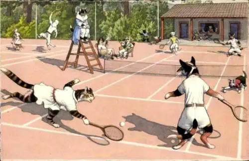 Ak Vermenschlichte Katzen spielen Tennis