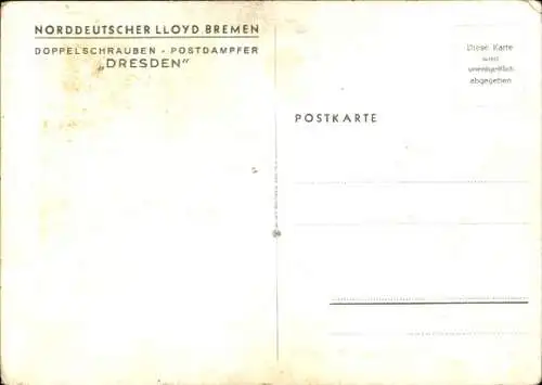 Künstler Ak Doppelschrauben-Postdampfer Dresden, Norddeutscher Lloyd Bremen