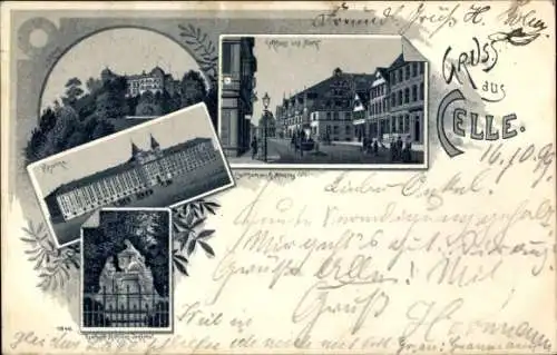 Litho Celle in Niedersachsen, Schloss, Kaserne, Denkmal, Rathaus, Markt