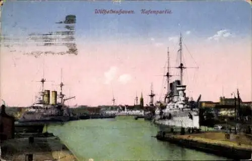 Ak Wilhelmshaven, Deutsche Kriegsschiffe im Hafen, Kaiserliche Marine