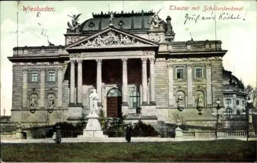 Ak Wiesbaden in Hessen, Theater mit Schillerdenkmal