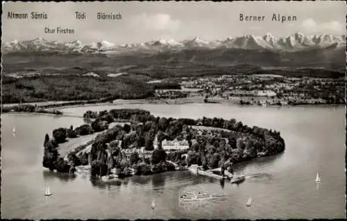 Ak Insel Mainau im Bodensee, Panorama, Berner Alpen, Chur Firsten, Altmann Säntis, Glärnisch, Tödi