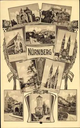 Ak Nürnberg in Mittelfranken, Totalansicht, Stadttheater, Neutor, Bratwurstglöcklein, Burg