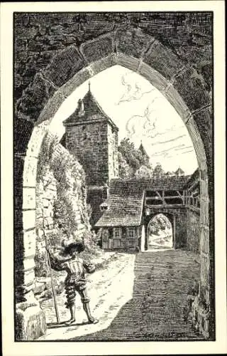 Künstler Ak Rothenburg ob der Tauber Mittelfranken, Inneres Kobolzeller Tor