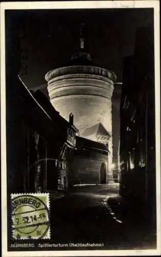 Ak Nürnberg in Mittelfranken, Spittlertorturm, Nachtaufnahme