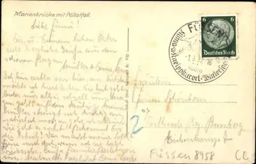 Ak Füssen im Allgäu, Marienbrücke, Pöllatfall