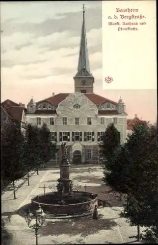 Ak Auerbach Bensheim an der Bergstraße Hessen, Markt, Rathaus, Pfarrkirche