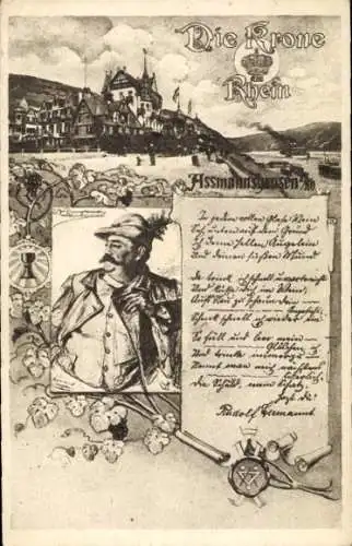Künstler Ak Assmannshausen Rüdesheim am Rhein, Die Krone am Rhein, Gedicht Rudolf Hermanns