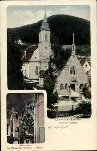 Ak Bad Herrenalb im Schwarzwald, Klosterruine Paradies, ev. Kirche, Grabdenkmal Bernhard v. Baden