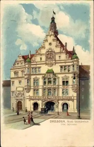 Litho Dresden, Neues Georgentor, Kgl. Schloss, Passanten