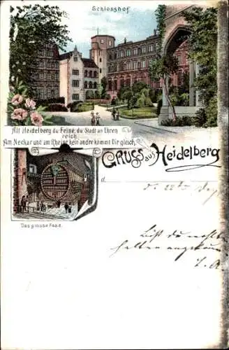 Litho Heidelberg am Neckar, Schlosshof, das große Fass