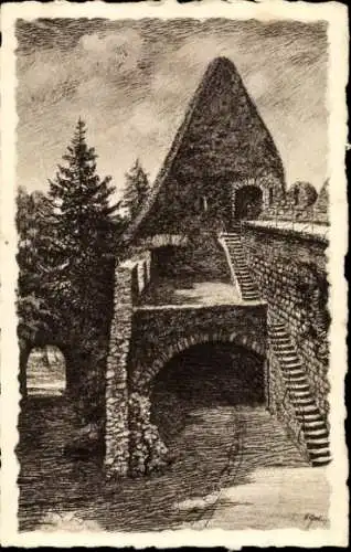 Künstler Ak Lindenfels im Odenwald Hessen, Partie an der Burg