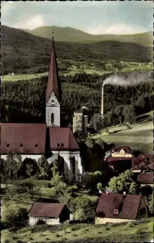 Ak Teisnach in Niederbayern, Kirche, Fabrikschlot, Gaststätte Joh. Fischl