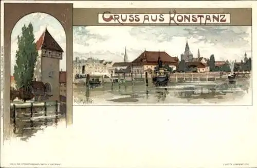 Künstler Litho Mutter, K., Konstanz am Bodensee, Stadtansicht, Turm