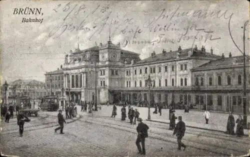 Ak Brno Brünn Südmähren, Bahnhof, Straßenbahn